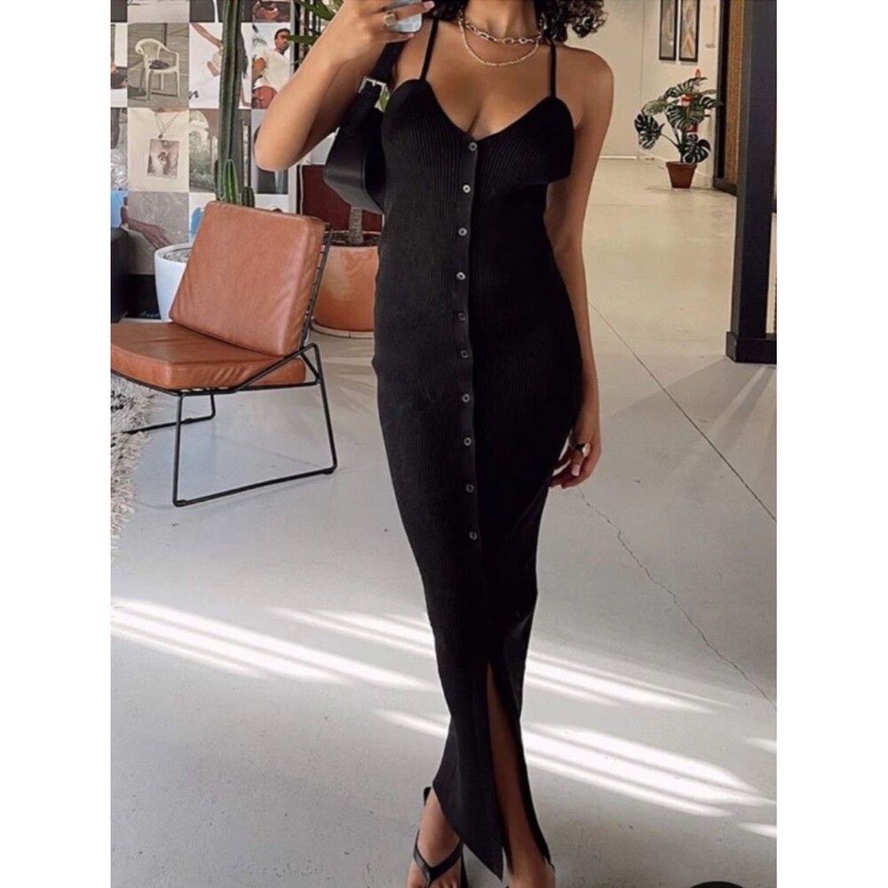 Princess Polly Black Casa Maxi Dress Snap Sz 2 Stretchy Ribbed